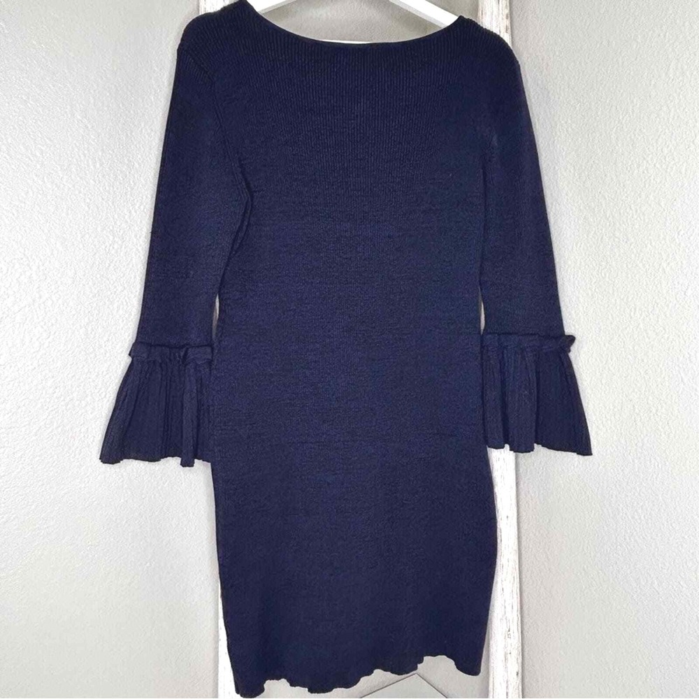 Nina Leonard Navy Blue Knit Dress Long Bell Sleeves Sheath Large - Picture 3 of 6